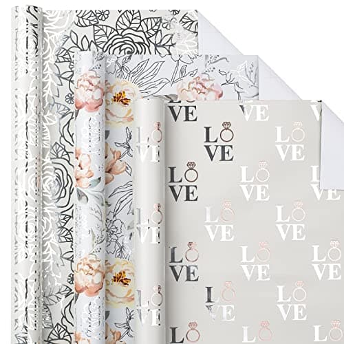 LeZakaa Wedding Floral Wrapping Paper Roll, Silver Flowers & LOVE Ring, Metallic Foil Design for Wedding, Engagement, Bridal Shower, Anniversary, Mini Roll, 17 x 120 inches, 3 Rolls