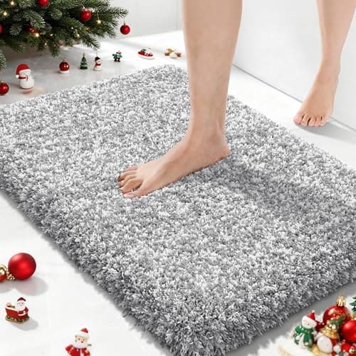 Yimobra Bathroom Rugs Non Slip Washable, Ultra Soft and Water Absorbent Bath Mats, Plush Fluffy Shower Mat Outside, Microfiber Thick Matts for Bathroom Floor/Sink, 24x17, Light Gray and White