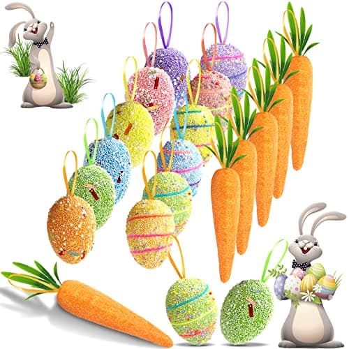 18PCS Easter Egg Ornaments and Carrot Hanging Ornaments Colorful Foam Hanging Egg Ornaments Foam Glitter Artificial Carrots Easter Tree Decorations Home Party DIY Crafts