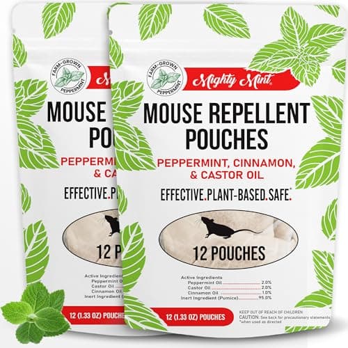 Mighty Mint Mouse Repellent Pouches – Peppermint, Castor Oil & Cinnamon Formula – Natural Indoor Deterrent for Mice and Rodents – Plant-Based, Long-Lasting Protection – 12 Count (Pack of 2)