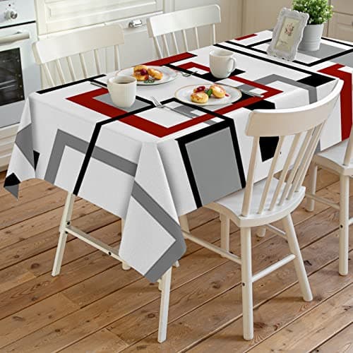 LOVE HOME DAY Rectangle Waterproof Table Clothes Abstract Burgundy Red Grey Black Squares on White Tableclothes Topper Cover Modern Kitchen Dining Tablecloth for Indoor Outdoor Wedding Banquet Tables