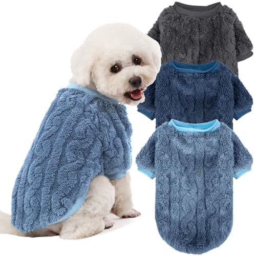 JAMPAYANG Dog Sweater, 3 Pack Dog Sweaters for Small Dogs or Cats, Girl or Boy, Warm Dog Clothes Shirt Coat for Winter Christmas (Blue, Dark Blue, Grey, Small)