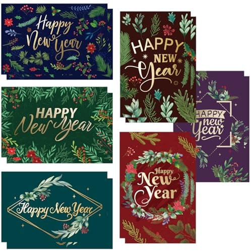 ceiba tree 24Pcs Happy New Year Greeting Cards Bulk 2026 Holiday Gold Foiled Cards with Envelopes and Stickers for New Years Eve Party Supplies Office Business School Classroom