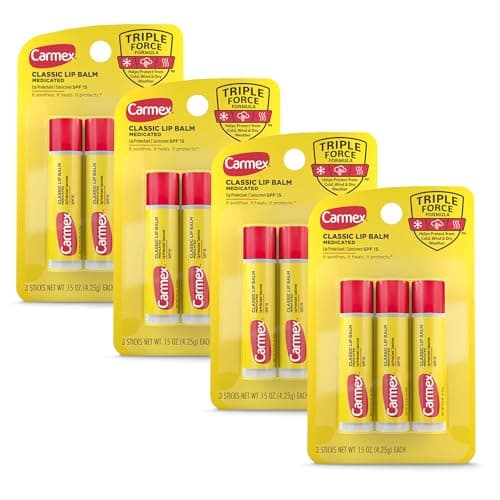 Carmex Classic Medicated Lip Balm Sticks, Lip Moisturizer for Chapped Lips, 12 Count (4 Packs of 3)