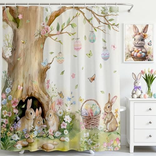 Mocsicka Easter Bunny Shower Curtain Spring Forest Floral Easter Eggs Bathroom Shower Curtain Cute Rabbits Waterproof Fabric Shower Curtains Bathtub Decor with 12 Hooks 72 X 72 Inches