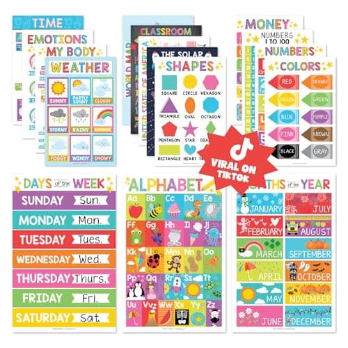 Hadley Designs 16 Educational Posters for Classroom & Kindergarten, Kindergarten Classroom Must Haves, Laminated PreK Learning Chart Materials US & World Map, ABC Alphabet, Shapes, Days of the Week