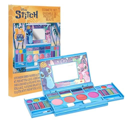 Stitch All-in-One Kids Cosmetic Compact Set Includes Washable Lip Gloss, Eye Shimmer, Cheek Shimmer, Brushes Colorful Portable Beauty Set for Girls, Tweens, Ages 3+ by Townley Girl