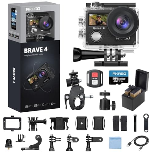 AKASO Brave 4 Action Camera 4K 30fps with 64GB MicroSD U3 Card Bicycle Helmet Accessories Kit Bundle, 20MP Ultra HD 131FT Waterproof Underwater Camera EIS WiFi Remote Control 5X Zoom Sport Cameras