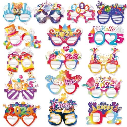 HOWAF 16 Pieces Happy New Year Glasses, New Year Party Glasses for Adults, 2025 Glasses New Years Eve Party Supplies 2025 NYE Party Favors Photo Booth Props for Happy New Year Decorations 2025