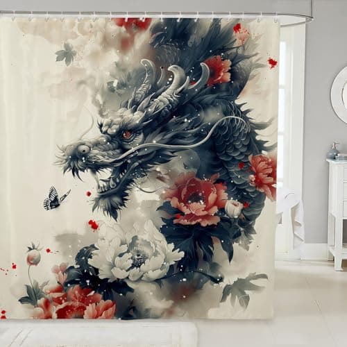 Erosebridal Floral Dragon Shower Curtain Set,Asian Oriental Chinese Dragon Bathroom Curtain for Kids Adults,Vintage Fantasy Dragon Bathroom Set Retro Flowers Fabric Shower Curtain 72" Wx72 L