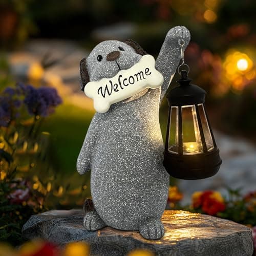 LawnIdyll Dog Garden Statue with Solar Lantern, Cute Dog Figurine Light Decor with Welcome Sign for Outdoor Patio Balcony Yard Art, Warming Unique Resin Statue for Mom Grandma Women