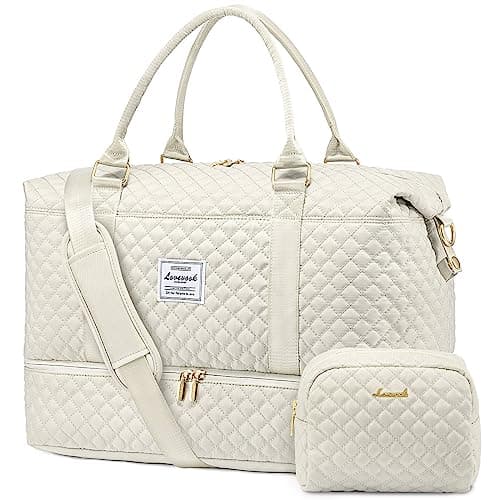 LOVEVOOK Travel Duffle Bag, Weekender Bags for Women with Shoe Compartment, Carry on Overnight Bag with Toiletry Bag, Gym Duffel Bag with Wet Pocket, Hospital Bags for Labor and Delivery, Beige