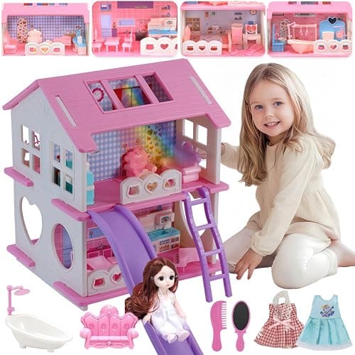 Doll House Girl Toys Dream Dollhouse 2-Story 4 Rooms Playhouse with 1 Dolls,3 Sets Doll Clothes, Lights, Furniture and Accessories, Pretend Play Toddler Doll Houses for Kids 3-8+ Year Old Gift