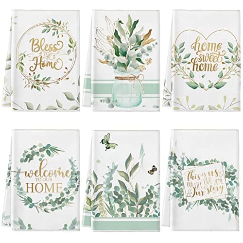 Redbaker 6 Pcs Eucalyptus Leaves Kitchen Towels Farmhouse Home Dish Towels for Kitchen Absorbent Sage Green Hand Towels Decorative Tea Towels Set with Hanging Loop for Bathroom Housewarming Gift