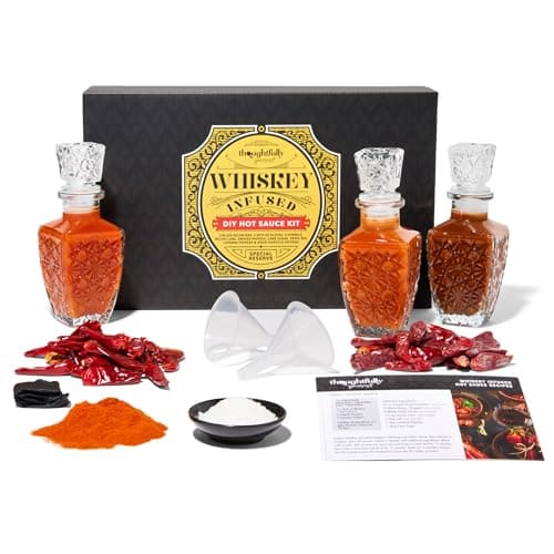 Thoughtfully Gourmet, Make Your Own Whiskey Infused Hot Sauce DIY Gift Set, Includes 2 Glass Decanters, Recipe Book, Gloves, 2 Funnels, Peppers, Spices and Seasonings (Contains NO Alcohol)