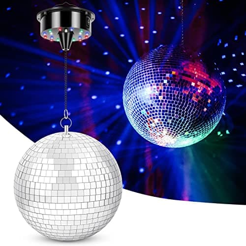 Meagoo Disco Ball with Motor and Light, 8" Hanging Mirror Ball and 6RPM Batteries Powered Rotating Motor with 4 Light Colors and 18 LEDs for Disco Party Decoration, DJ Club