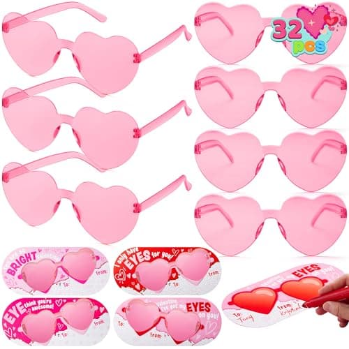 JOYIN 32 Packs Valentine's Day Pink Heart Shaped Sunglasses with Cards, Classroom Exchange Gift for Kids, Classroom Holiday Prizes, Pink Sunglasses for Women and Girl