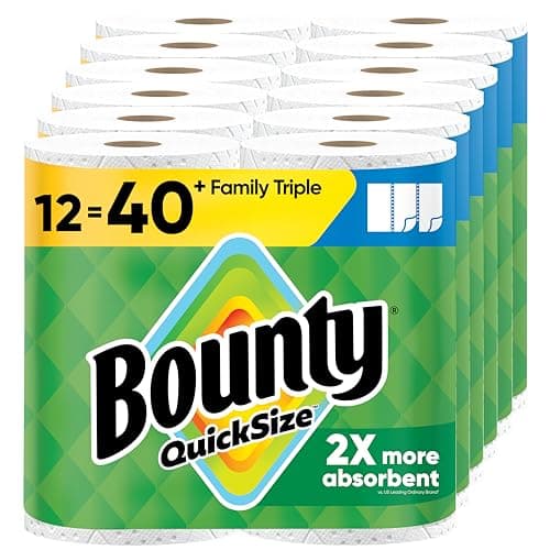 Bounty Quick-Size Paper Towels, White, 12 Family Triple Rolls = 40 Regular Rolls