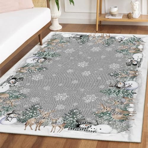 Artoid Mode Grey Snowman Deer Tree Christmas Area Rug, Winter Home Decor Low-Profile Washable Area Rugs for Entryway Bedroom Living Room Laundry Room Indoor 5x7 Feet