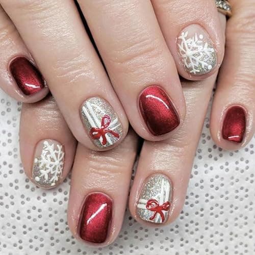 24Pcs Winter Press on Nails Short Square Christmas Fake Nails with Snowflake Designs Red Bow Glue on Nails Glitter Acrylic Nail Full Cover Glossy Winter Stick on Nail Christmas False Nails for Women