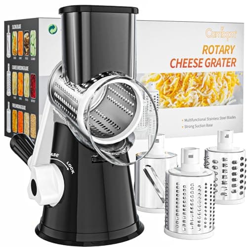 Cambom Rotary Cheese Grater Hand Crank Cheese Shredder for Fresh Cheese, Vegetable, Nuts,Non-slip Suction Base, Free Cleaning Brush Three Blades, Black