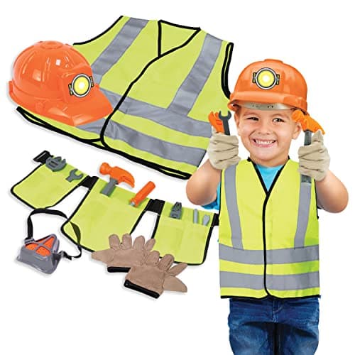 Dr. STEM Toys Construction Worker Roleplay Costume Set with Hat, Tools, Tool Belt, Gloves, and More - Orange and Yellow, One Size Fits Most Kids Ages 3 to 6