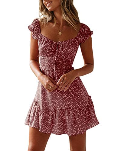 YOBECHO Womens Summer Ruffle Sleeve Sweetheart Neckline Printing Dress Mini Dress Brick Red