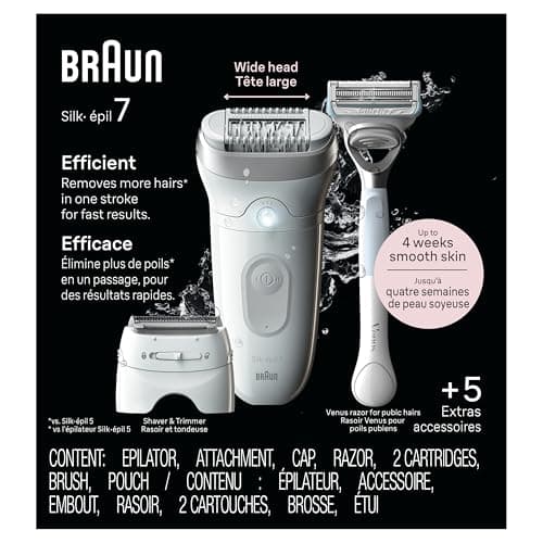 Braun Silk-épil 7 Epilator, Wet and Dry, Wide Head, Includes Venus Intimate Razor, Shaver Head and Trimmer Comb, SE7-141