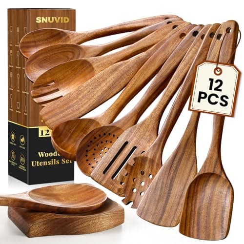 Wooden Spoons for Cooking, 12 Pcs Nonstick Wooden Cooking Utensils Set with Comfort Grip – 100% Natural Teak Wood - Sturdy, Lightweight & Heat Resistant Kitchen Utensils