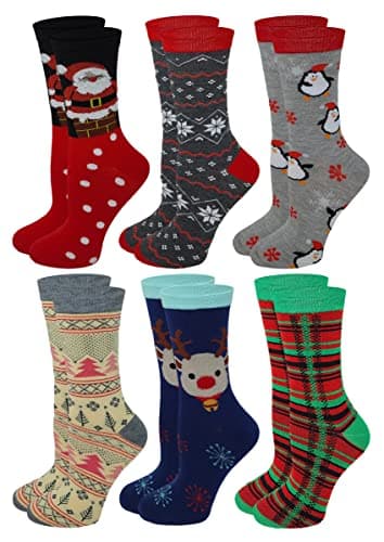 Sumona 6 Pairs Women Colorful Fancy Crazy Design Soft & Stretchy Novelty Crew Socks (Christmas #2)