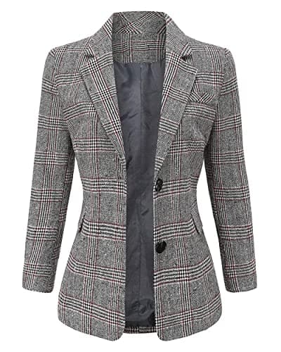 ebossy Women's Notch Lapel 2 Button Boyfriend Blazer Suit Houndstooth Plaid Jacket Coat (Large, Grey)