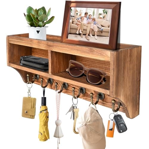 Key Holder Wall Mount - Mail Organizer Wall Mount with 6 Key Hooks and Storage Box for Sunglasses Storage and Dog Leash Holder Home Decor Rack Apartment Essentials Farmhouse Shelf Entryway Organizer