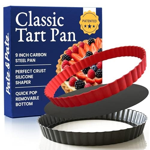 Patz&Patz Classic Tart Pan 9 Inch Removable Bottom with Patented Silicone Crust Shaper | Nonstick Carbon Steel Quiche Baking Dish, Fruit Tart Molds for Baking, Quiche Pan & Pie Mold - PFOA & PTFE-Free