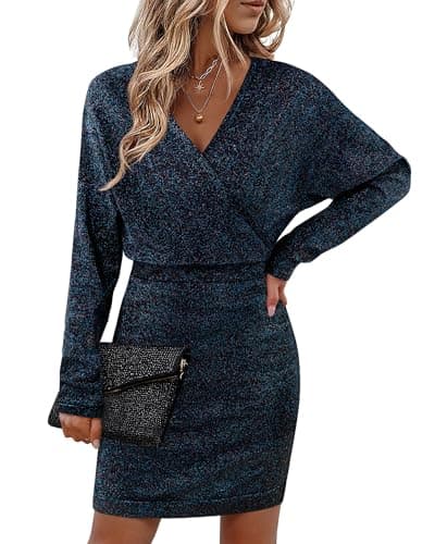 Bebonnie Fall Wedding Guest Dresses Cocktail: Ladies Sexy V Neck Batwing Sleeve New Years Eve Sweater Dresses Sparkly Sequin Cocktail Christmas Holiday Party Wrap Bodycon Short Dress Colorful Black M