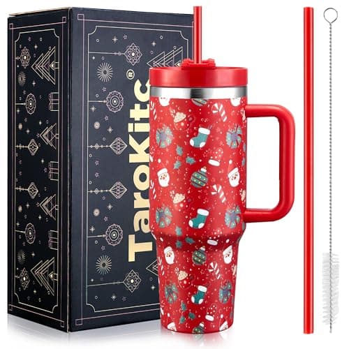 Christmas Gifts for Women Men, 40 oz Christmas Tumbler with Handle and Straw Lid, Triple Walled Stainless Steel Insulated Travel Mug Xmas Cup, Christmas Decor(Red Santa Claus Star)