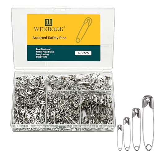 Wenrook 300 Pack Safety Pins Assorted, 4 Different Sizes, Strong Nickel Plated Steel, Safety Pins for Clothes, Crafts, Pinning and More