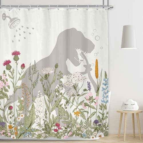 LGhtyro Dinosaur Wildflower Kids Shower Curtain Bathroom Set 60Wx71H Inches Funny Dino Silhouette Floral Rustic Plant Leaves Botanical Bath Accessories for Boys Art Home Decor Fabric 12 Pack Hooks