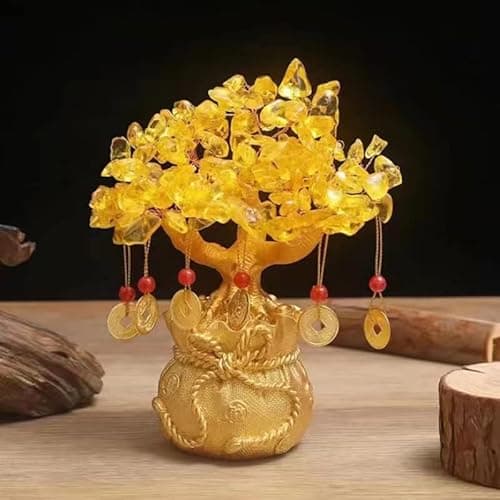 BAEKZ Crystal Bonsai Citrine Tree Money Tree Feng Shui Decoration Blessing Bag Potted Plant (Golden Yellow)