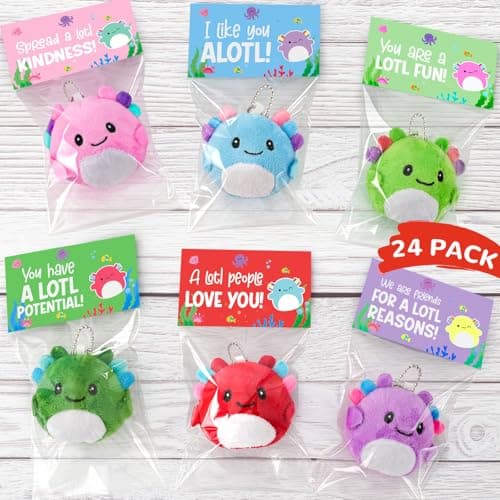 Zesua Valentines Day Gifts for Kids - 24 Pack Axolotl Plush Toys Keychains with Valentine's Cards - Mini Stuffed Animals Set for Boys Girls Toddler Classroom Exchange School Activities Party Favors