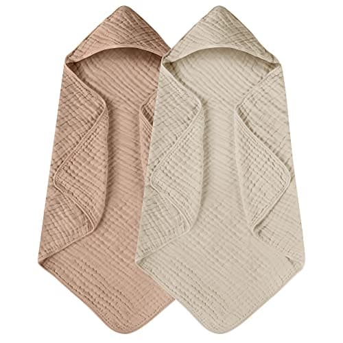 Yoofoss Hooded Baby Towels for Newborn 2 Pack 100% Muslin Cotton Baby Bath Towel with Hood for Babies, Infant, Toddler and Kids, Large 32x32Inch, Soft and Absorbent Newborn Essential