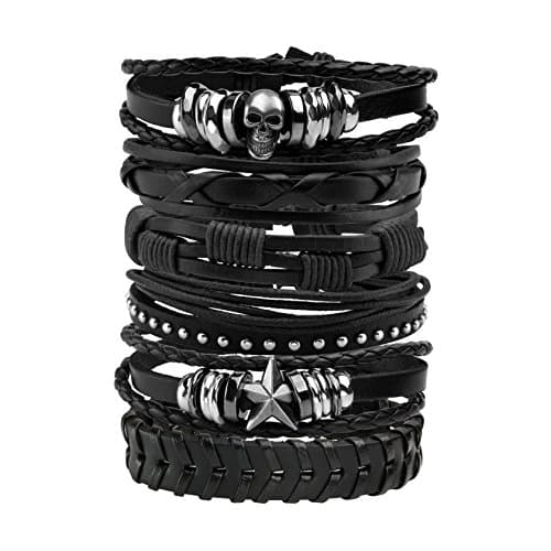 MILAKOO Punk Goth Leather Bracelets Skull Goth Wristband for Women Men Rocker Biker Cuff Adjustable