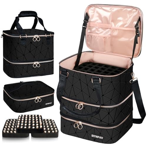 SIYNPAV Nail Polish Organizer Bag Holds 126 Bottles (15ml/0.5fl.oz)& Nail Lamp, 3 Layers Detachable Nail Kit Storage Case PU Leather, Large Travel Nail Supplies Shoulder Bag for Manicure Tools (Black)