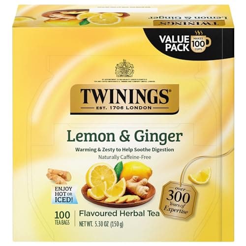 Twinings Lemon & Ginger Herbal Tea Individually Wrapped Bags, 100 Count (Pack of 1), Tangy Lemon, Spicy Ginger, Naturally Caffeine-Free, Enjoy Hot or Iced | Packaging May Vary