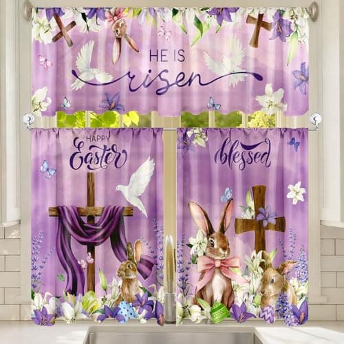 Breling 3 Pcs Easter Kitchen Curtains Valances and Tiers Set for Windows Easter He is Risen Short Curtain Set Decor Bunny Floral Cross for Christian Church Home Office Bedroom Decor