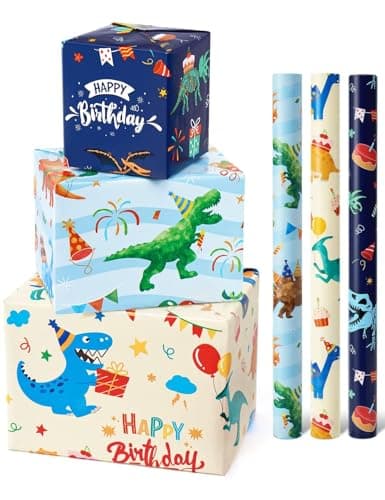 WERNNSAI Dinosaur Wrapping Paper Rolls - 3 Rolls 17” x 120” Happy Birthday Wrapping Paper Kids Wrapping Paper Rolls Boy Dinosaur Gift Wrap Paper Dinosaur Party Favor Happy Bday Wrap with Cutting Line on Back