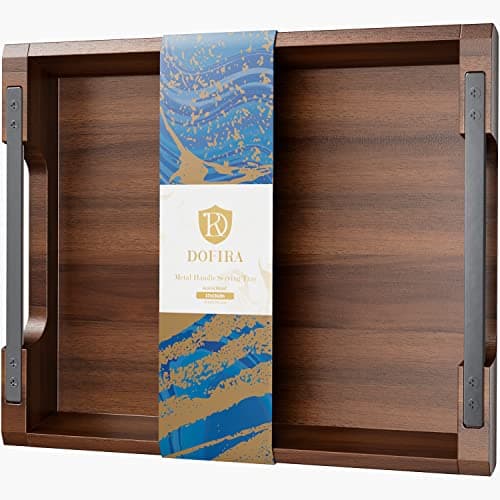 Dofira Acacia Wood Serving Tray with Metal Handles, 17x13in Food Drinks Tray for Coffee Table, Breakfast, Dinner & Bar, Rustic Decorative Storage Tray for Ottoman, Kitchen, Packaging