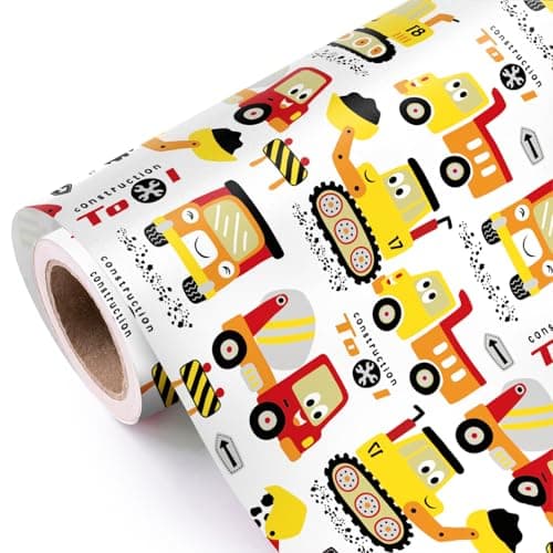 WRAPAHOLIC Construction Wrapping Paper Roll - Mini Roll - 17 Inch x 9.8 Feet - Digger Tractor Truck Design for Kids Boys Birthday, Baby Shower