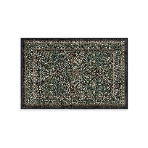 RUGGABLE x Morris & Co Washable Rug - Perfect Bohemian Area Rug for Living Room Bedroom Kitchen - Non-Slip, Child Friendly, Stain & Water Resistant - Blackthorn Forest Green 2'x3' (Standard Pad)