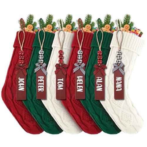 6PACK LumaBria18Inch Cable Knitted Personalized Christmas Stockings, Personalized Hanging Stockings for Holiday Party, Christmas Tree, and Family Home Decor in Red, White, Green