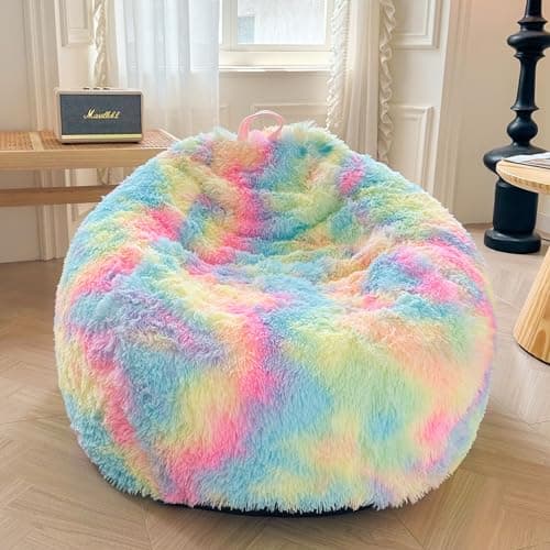 XeGe Faux Fur Comfy Bean Bag Cover(No Filler) for Living Room, Tie Dye Fluffy Stuffed Animal Storage Bean Bag Chair Cover, Furry Fuzzy Bean Bag Cover for Adults Teens Kids Girls, Anti-Slip, Rainbow